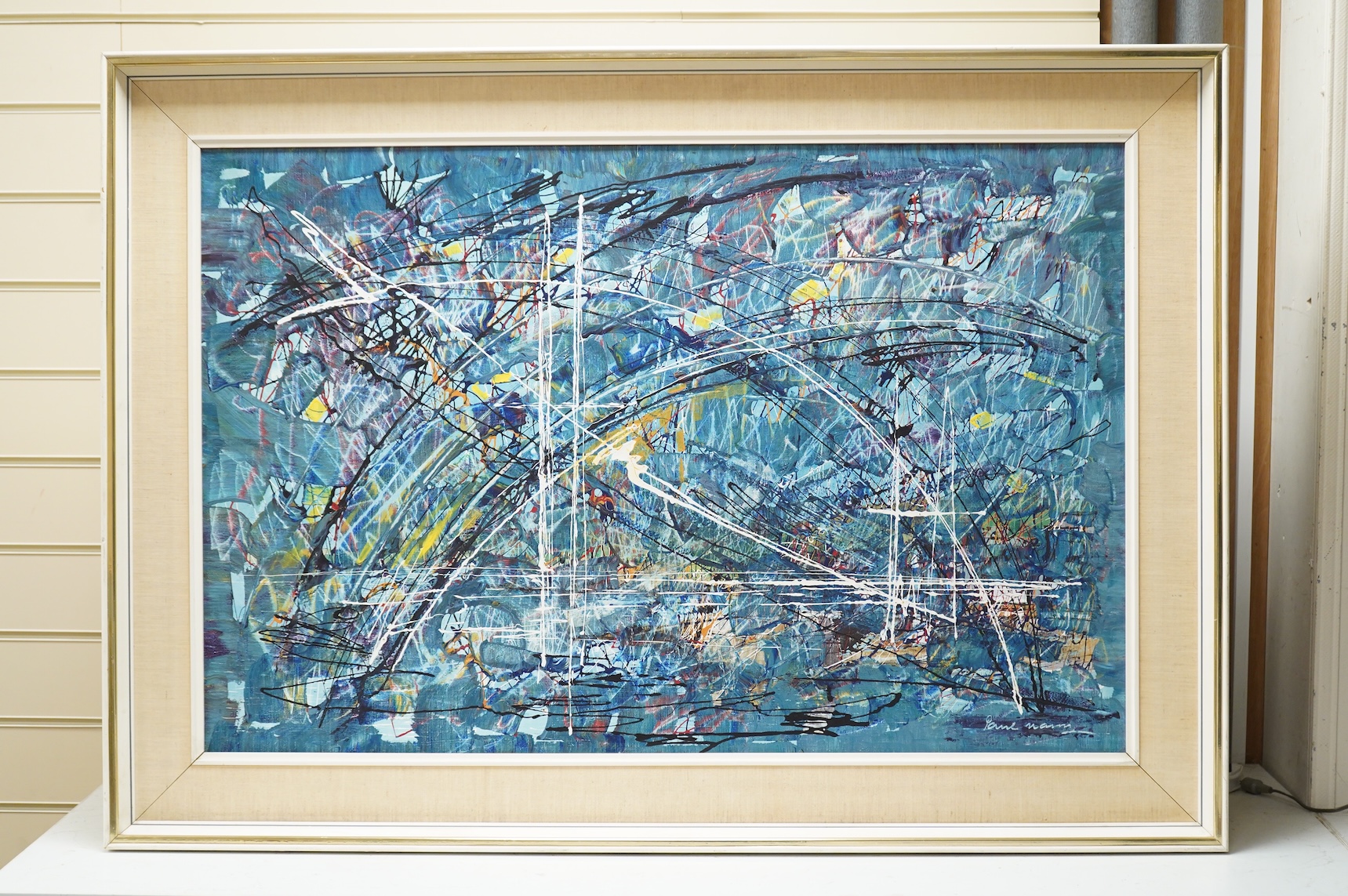 Paul Mann (20th. C), untitled abstract composition, signed, oil on canvas, 59 x 90cm